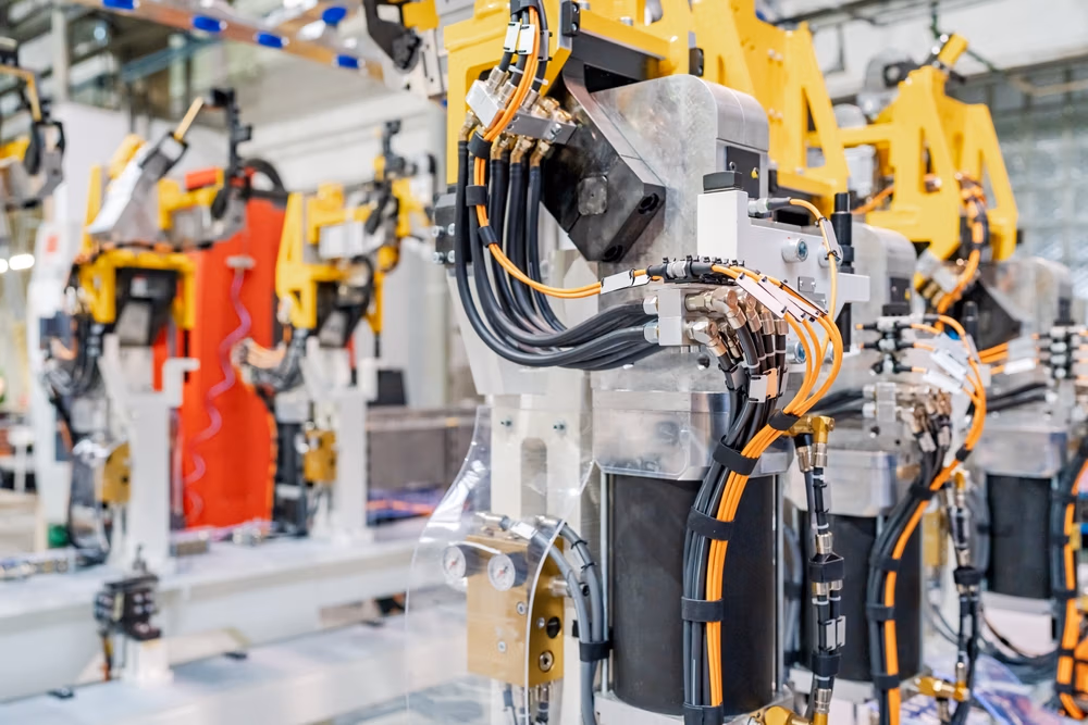 Close-up view of robotic arms with cables and metal components in a TISAX compliance-focused industrial manufacturing facility.